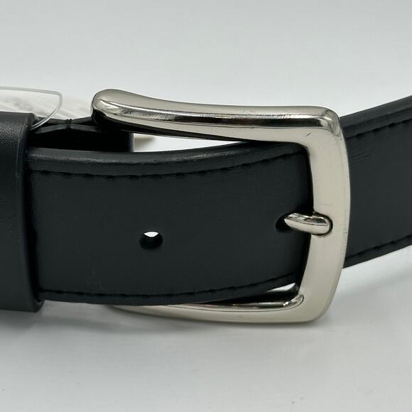 NWT Black Leather Multicolor Cotton Fabric Inlay Silvertone Metal Buckle Belt M - Picture 5 of 12